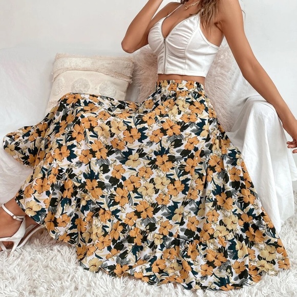 Boho Floral Print Flowy High waist Skirt - Picture 6 of 9